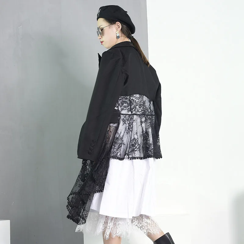 Manteau eam Dentelle Asymétrique Oa1 Longues V Printemps Unique cou Formelle Manches 2019 Patchwork Noir Black Femmes Personnalité À Bouton rrwZHB