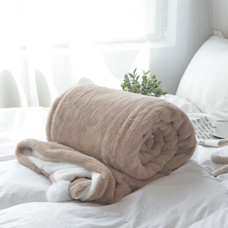 Многофункциональный розовый серый искусственный мех одеяла с кроликами мягкий двухслойный теплый плед покрывало для кровати большой пушистый шар пододеяльник - Цвет: Color 4