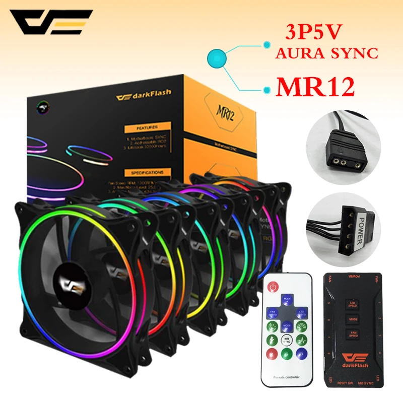 Darkflash MR12 aura sync компьютерный корпус ПК охлаждающий вентилятор RGB Регулировка 120 мм тихий ИК-пульт компьютерный кулер охлаждающий RGB корпусный вентилятор