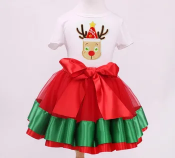 

2PCs/Set Short Sleeve Christmas Outfit T-Shirt Green Width Tutu Skirt Baby Girl Little Kids New Year Party Clothes 12M-7T
