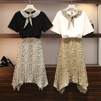 

2019 New 100kg overweight fashion suit] short sleeve t-shirt + irregular leopard skirt