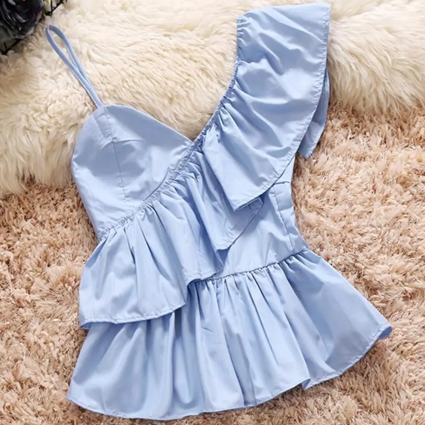 

2018 Summer Irregular Ruffled Sling Sleeveless V Neck Top camis Personality Asymmetrical tank tops