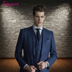 Linyixun 2018 британский стиль Темно-синие рады жених мужские костюмы платье Нотч комплект из 3 предметов костюм мужской одежды