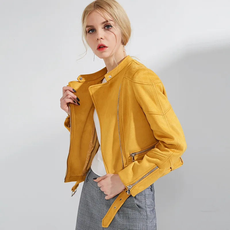 MLinina Women Leather Jacket Zipper Moto Biker Short Faux Soft Suede Leather Jackets Woman Female Turn-down Collar 2018 New Coat