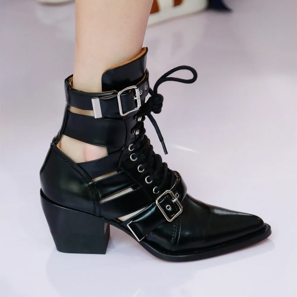 Hollow Out Pointed Toe Lace Up Belt Buckle Western Women Ankle Boots Chunky Heel Genuine Leather Cowboy Boots Women Punk Shoes Hollow Out Pointed Toe Lace Up Belt Buckle Western Women Ankle Boots Chunky Heel Genuine Leather Cowboy Boots Women Punk Shoes