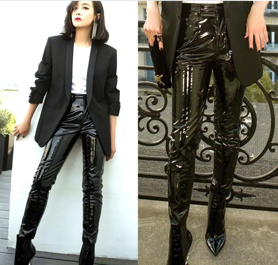 

Fashion Patent leather pu pants with pocket female 2019 winter was thin high waist leisure shiny pu leather pencil pants wj1612