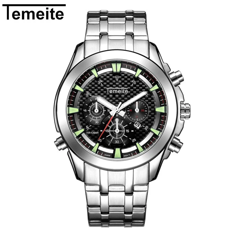 

business Temeite brand watch men quartz stainless steel waterproof man wristwatches fashion mens watch calendar silver black