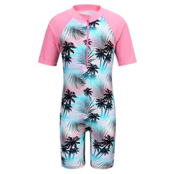 Новые Модная одежда для детей, Детская мода для девочек зеленый цветок печатных купальники с молнией УФ 50 + солнце пляжная розовый короткий