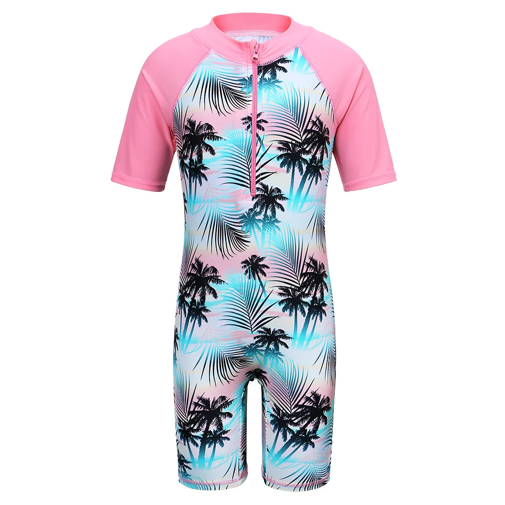 

Newest Fashion Baby Girls Green Flower Printed Swimwear with Zipper UV 50+Sun Beachwear Pink Short Sleeve One-Piece Set Swimsuit