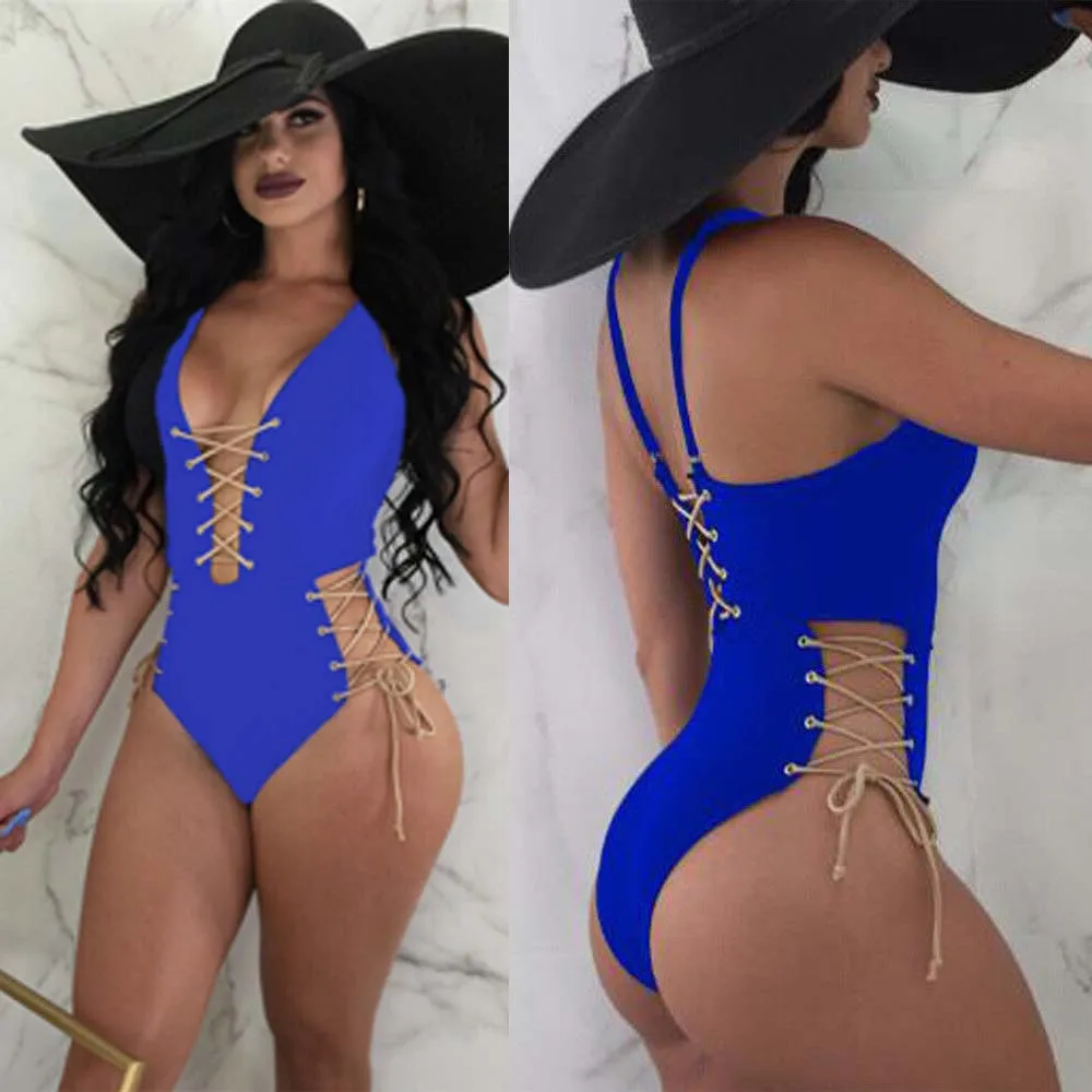 Summer Sexy Bandage One Piece Swimsuits HOT Women Summer Sexy Deep V-Neck Backless Bandage One Piece Swimsuit white lace bodysuit