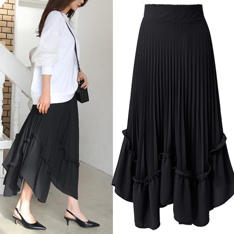 Black Green White Summer 2018 Casual High Waist Chiffon Long Tulle Skirt Women Ladies Korean Fashion Asymmetric Maxi Skirts Skirts