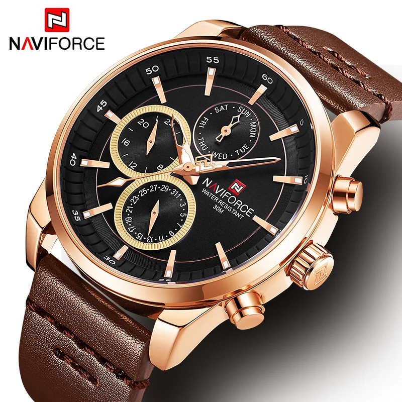NAVIFORCE часы мужские роскошные золотые черные кожаные спортивные