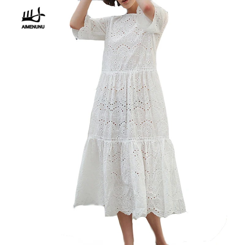 

AIMENUNU Casual Loose Lace Dresses Female Round Neck White Midi Dress Short Sleeve Women Big Sizes Cotton Summer Clothing