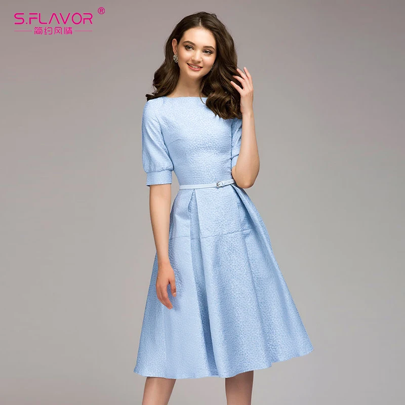 

S.FLAVOR Women Short Sleeve Solid A Line Dress Elegant Spring Summer knee-length vestidos O-Neck Cute Party dress NO belt