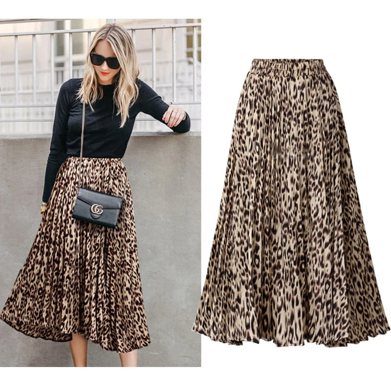 

2019 plus size Skirts spring summer High Sweet Sexy leopard print chic skirt long pleated A-Line Women skirt 3XL OLOEY