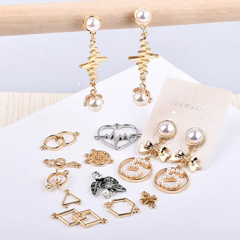 Handmade DIY earring material package simple geometric peach flower double hanging pearl alloy