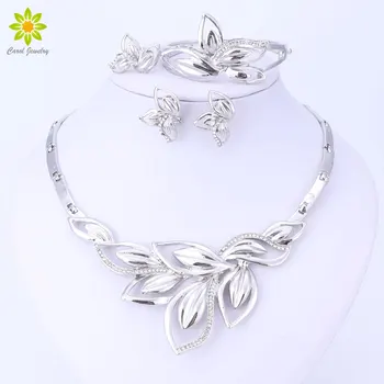 

Latest New African Costume Jewelry Sets Silver Plated Leaves Shape Necklace Set Wedding Elegant Costume Jewelry Set
