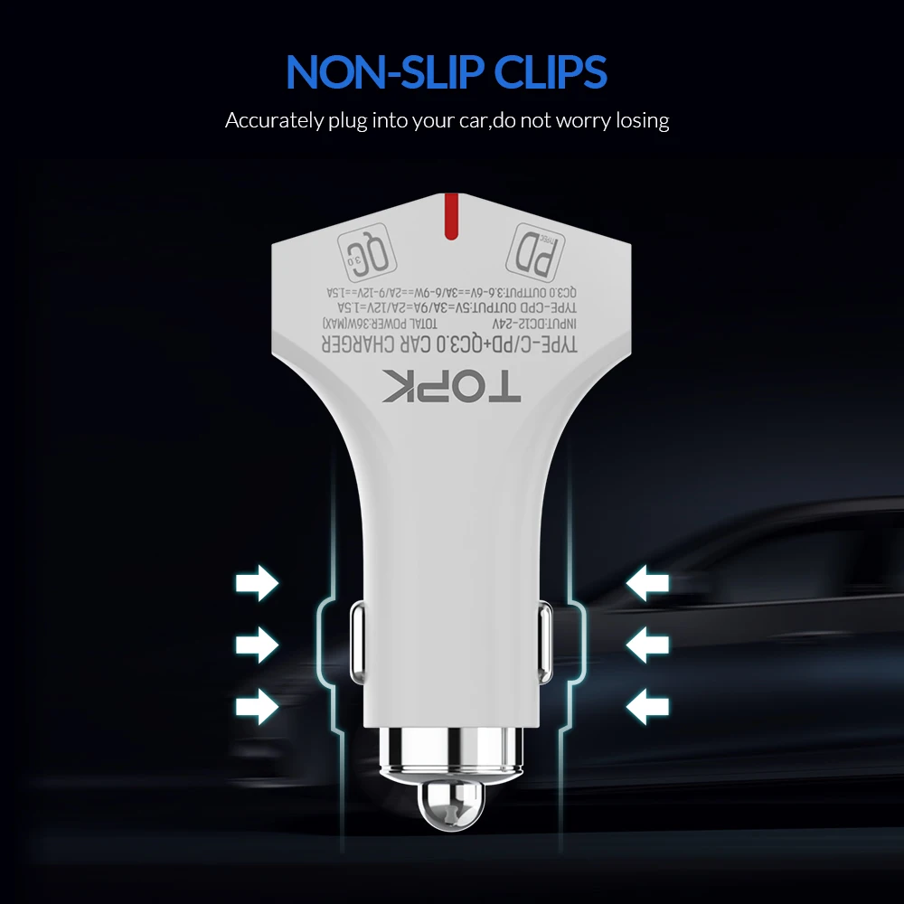 TOPK شاحن سريع 3.0 PD USB شاحن سيارة للهاتف المحمول شاحن USB نوع C سريع سيارة-شاحن آيفون سامسونج محول في سيارة