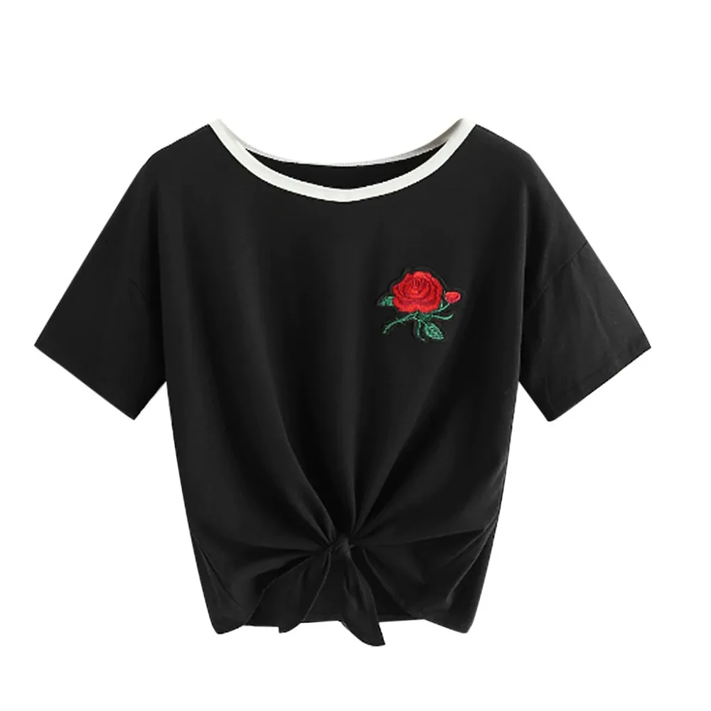 Модные летние футболки Kawaii с вышитыми розами женские коротким рукавом
