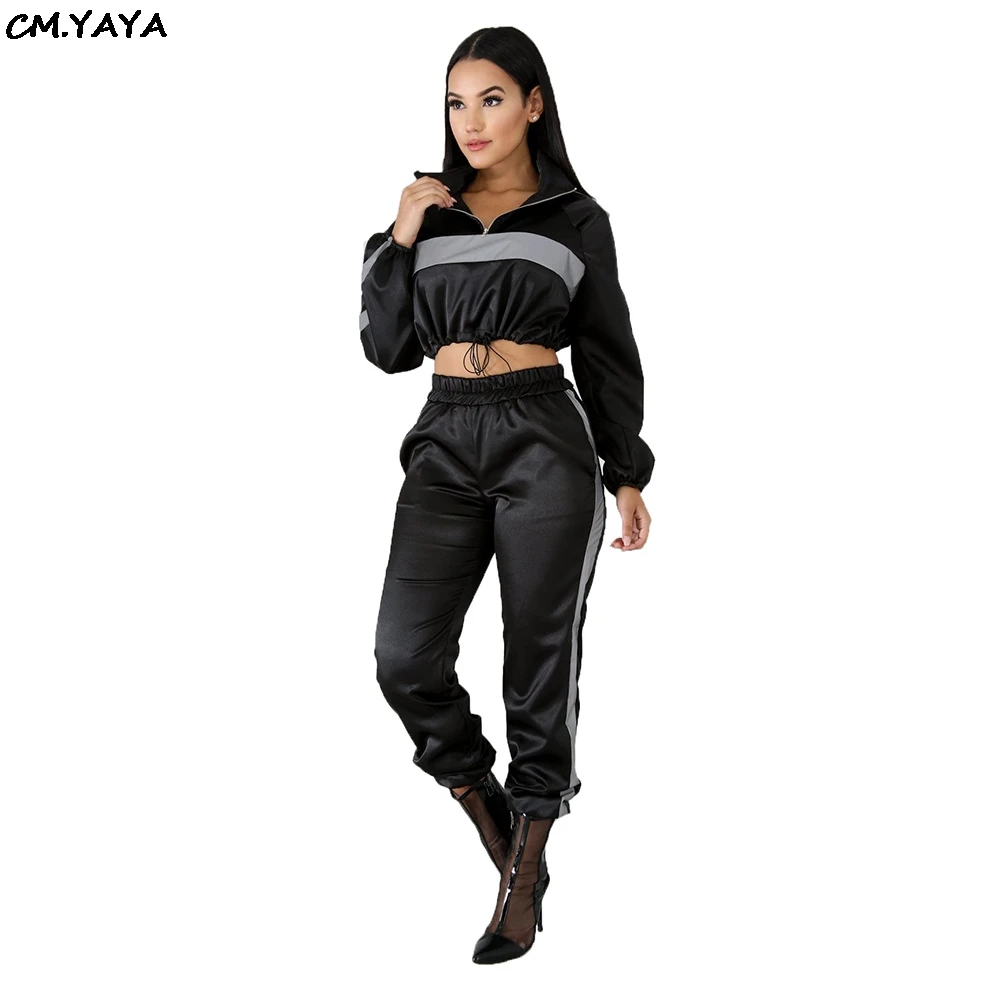 

new women long sleeve reflective patchwork turn-down neck skinny pencil pants sexy two pieces sets outfits tracksuits 8031