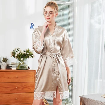 

Summer Kimono Bath Gown Champagne Lace Women Wedding Robes Satin Sleepwear Sexy Bride Bridesmaid Dressing Gown Nightgown