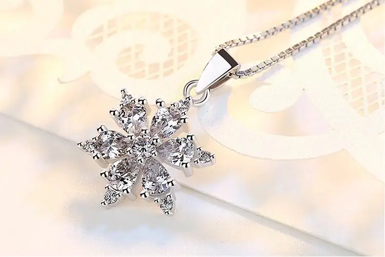 925 sterling silver fashion shiny crystal snowflake ladies'pendant necklaces women jewelry water-wave chain no fade