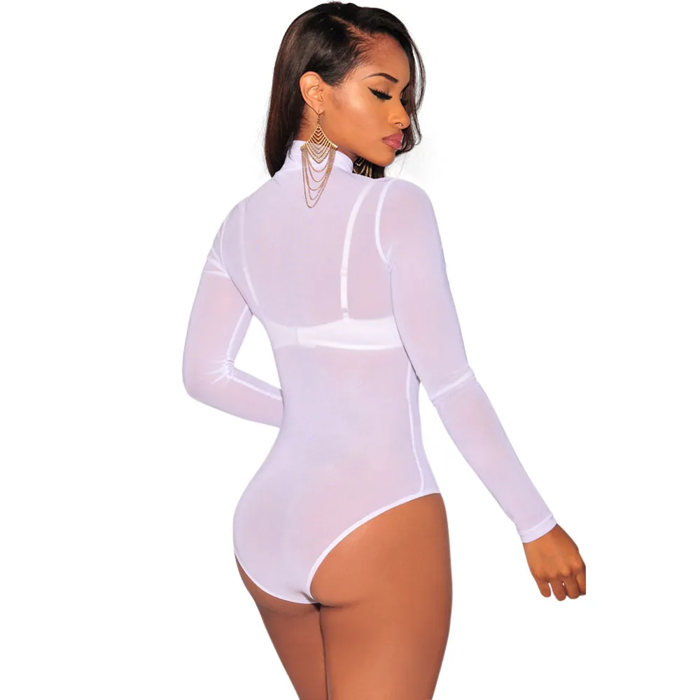Белый прозрачный боди Wendywu с высоким воротом и длинным рукавом|white bodysuit|long sleeve one