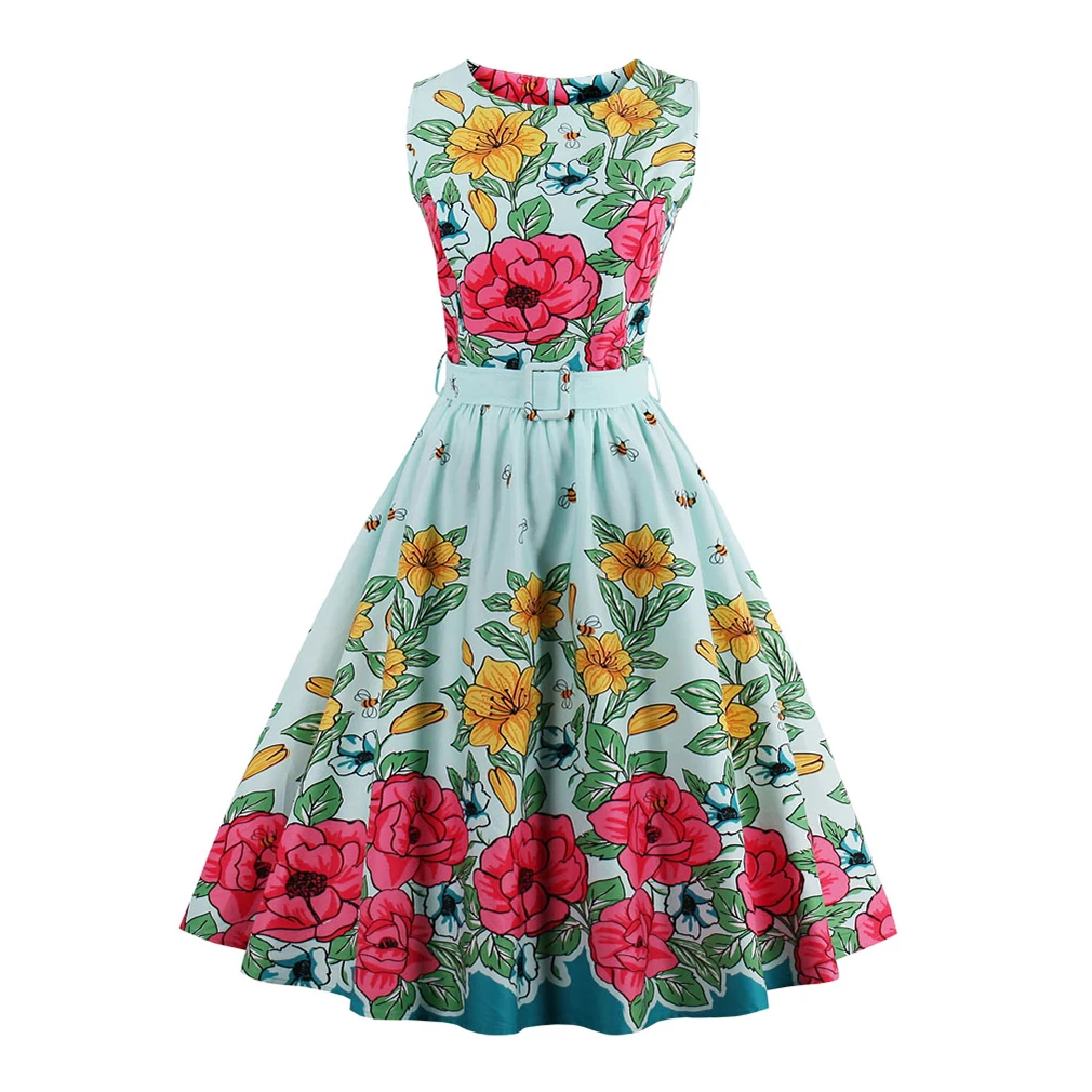 New Summer Dress 2017 Floral Bee Print Vintage Dress for Women 1950s Style Cute Party Dress With Sashes Seeveless Vintage dress