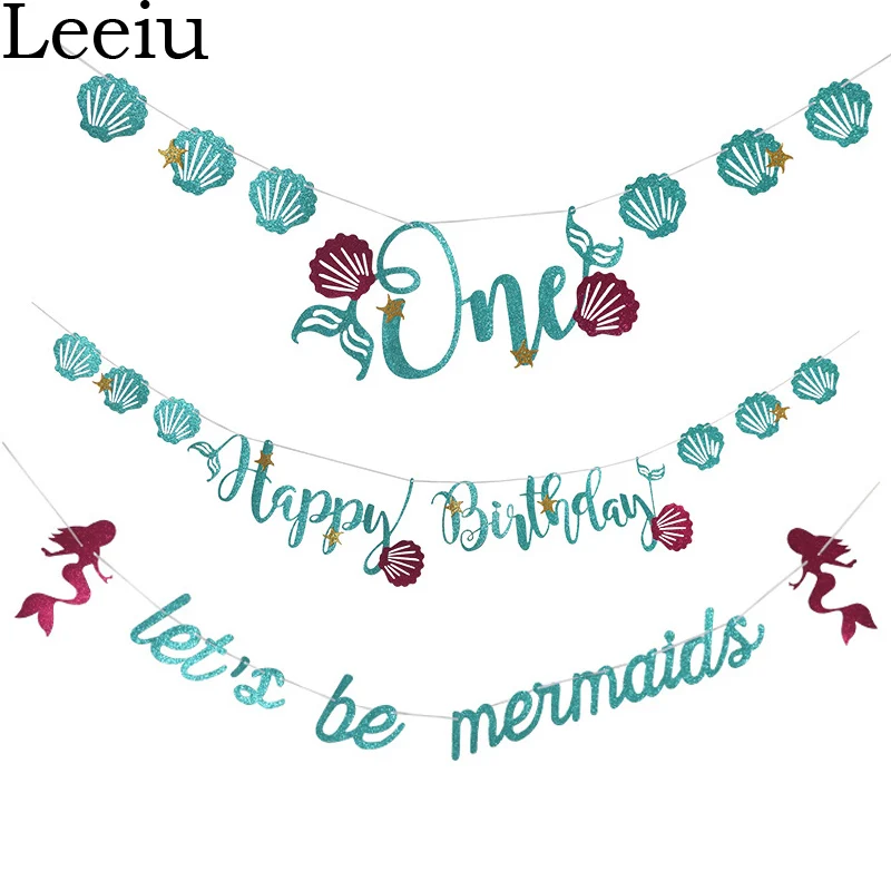 

Leeiu Glitter Mermaid Party Decoration 1st One Year Happy Birthday Banner Blue Letter Shell Garland Seaside Birthday Decor