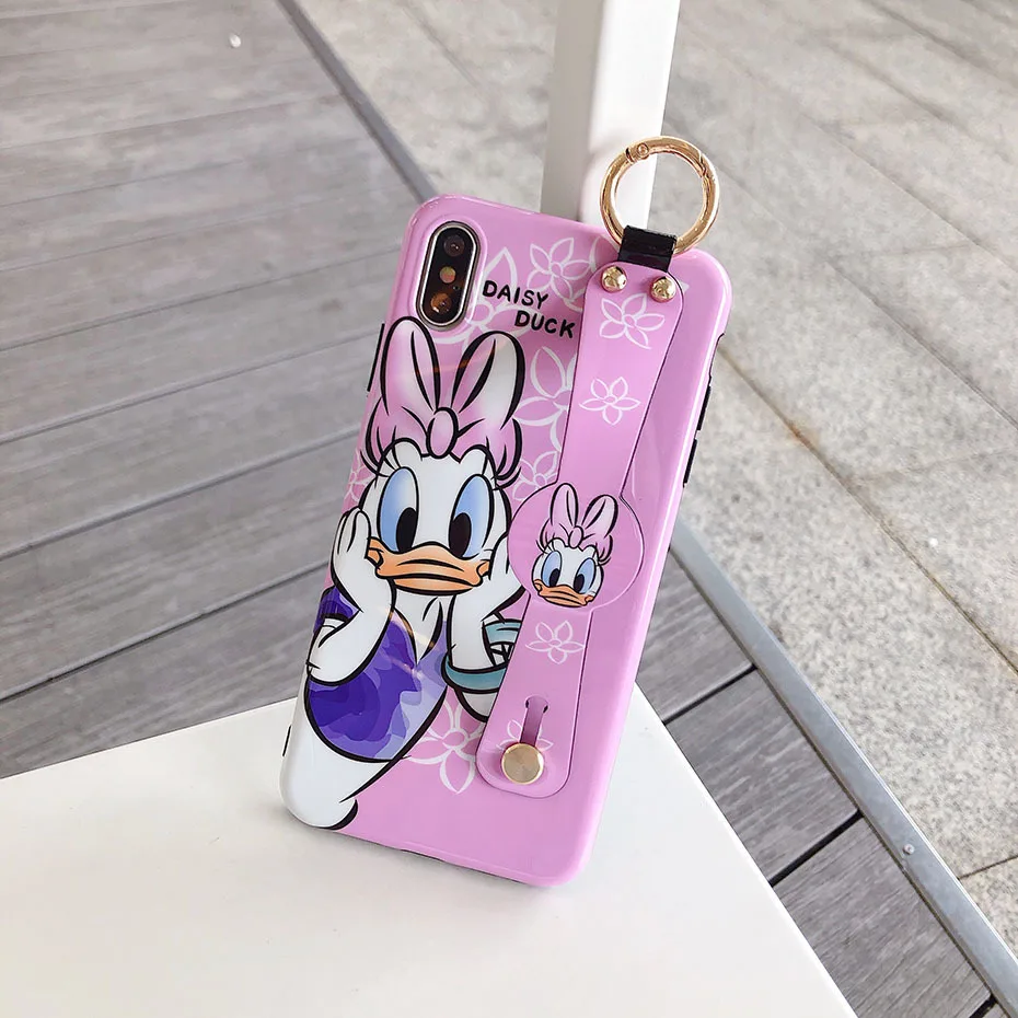 Donald Daisy Duck Case for iPhone 7 8 6 6S Plus Cute Cartoon Wrist Strap Bracket Phone Cover for iPhone XS Max XR X Case Funda