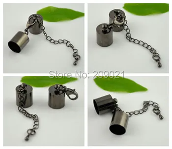 

DIY ( Inside 9mm Diameter ) Plated Gun Black Round Leather Cord Ends Cap With Lobster Clasp Buckle and Extender 100set