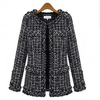 

New Autumn Winter Women Coats Plus Size Fashion O-Neck Slim Black Plaid Short Woolen Blends Coat For Women Larger Outerwear