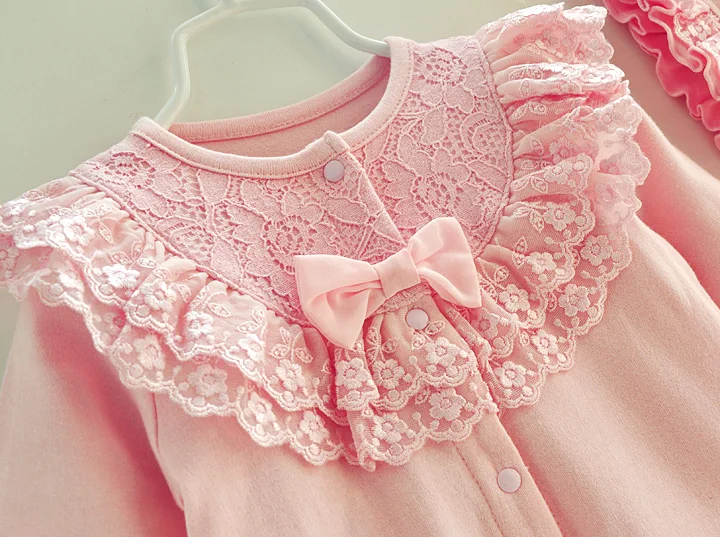 Newborn Baby Girl Clothes Sets Lace Bow Princess baby Jumpsuit+ Hats pink princess romper 0 3 6 months Sleeping Bag