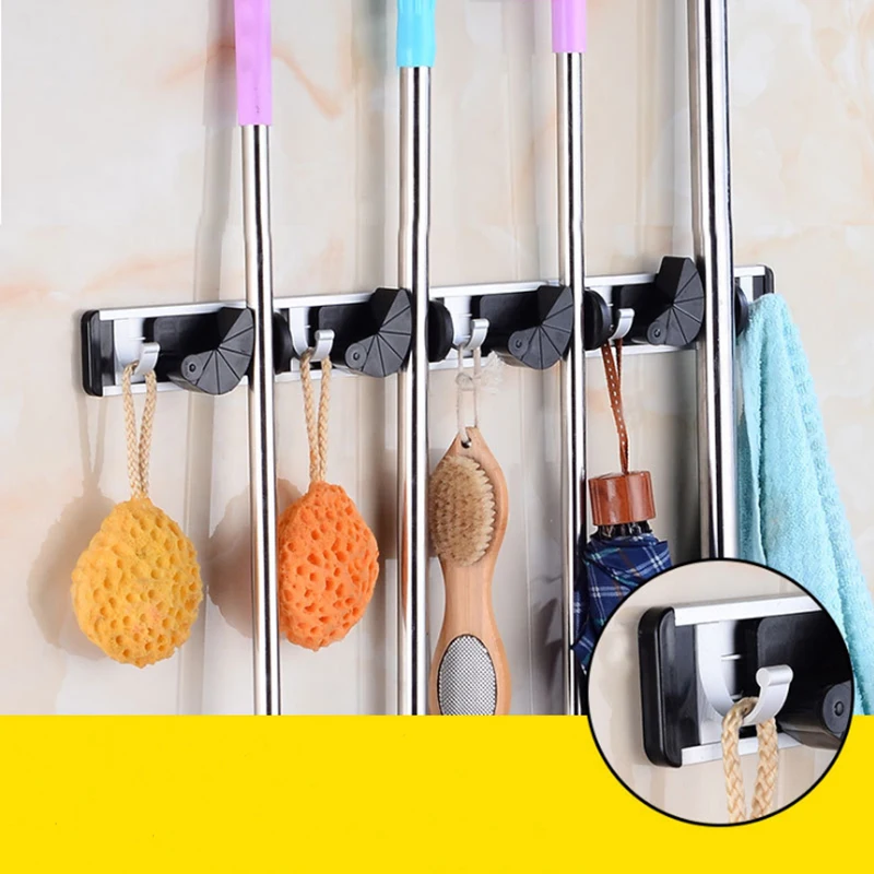 Universal Kitchen Storage Tool Holder Position With Hooks Wall Mounted Storage Organizer Mop and Bathroom Holders Racks