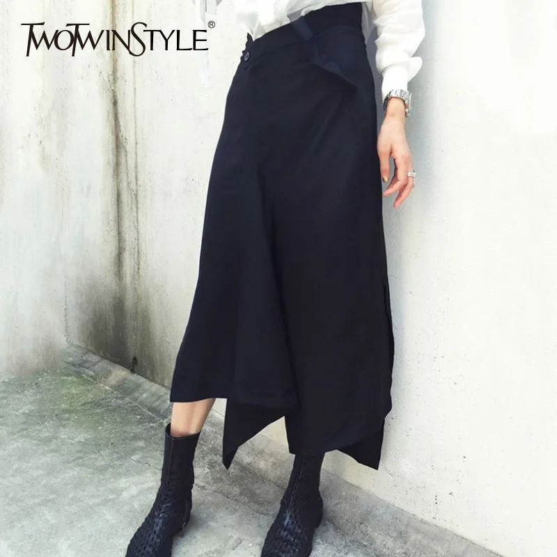 Beste TWOTWINSTYLE Patchwork Pant Vrouwelijke Hoge Taille Rits Onregelmatige Kalf Lengte Broek Vrouwen 2018 Lente Mode Grote Size Kleding