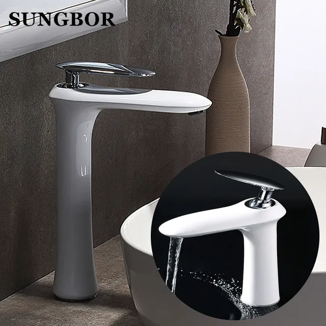 Modern Bathroom Basin Faucet White Black Paint Baked Chrome Finish Modern Bathroom Basin Faucet White Black Paint Baked Chrome Finish Single Handle Hot Cold Water Vessel Sink Tap Faucets Al 7273b