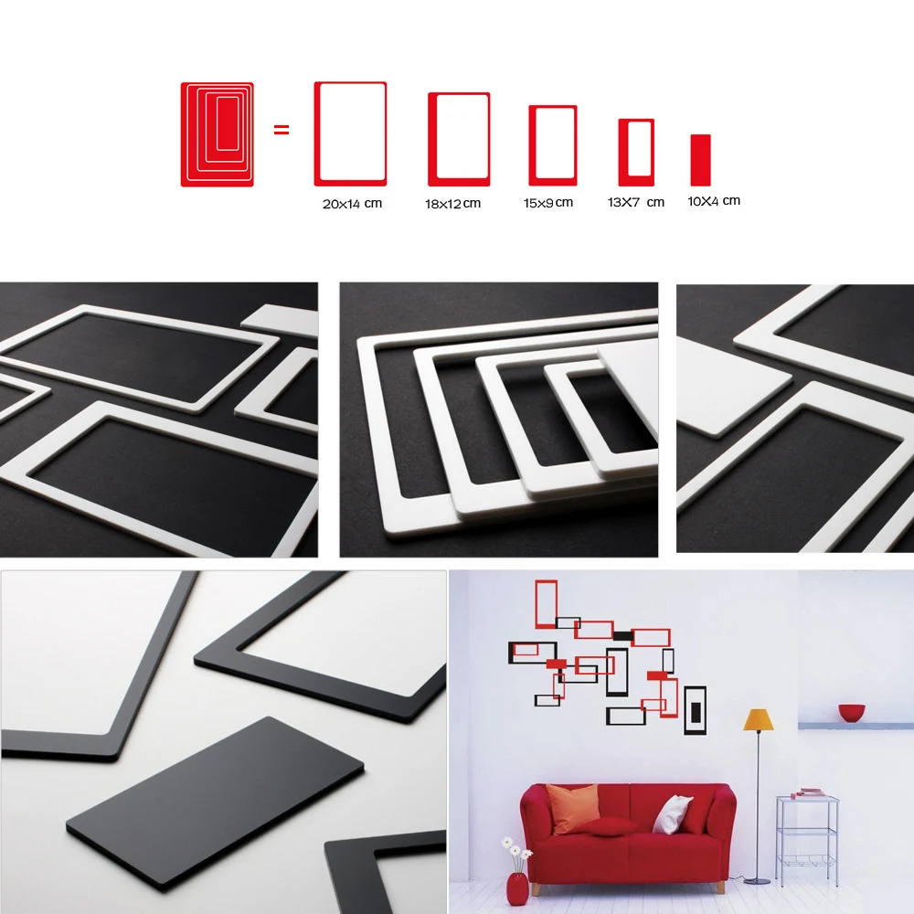 RAYUAN 5 قطعة مجموعة القابل للإزالة 3D DIY الخشب الجدار ملصق إطار صور المعيشة غرفة نوم ديكور المنزل الأسود الأحمر الأبيض