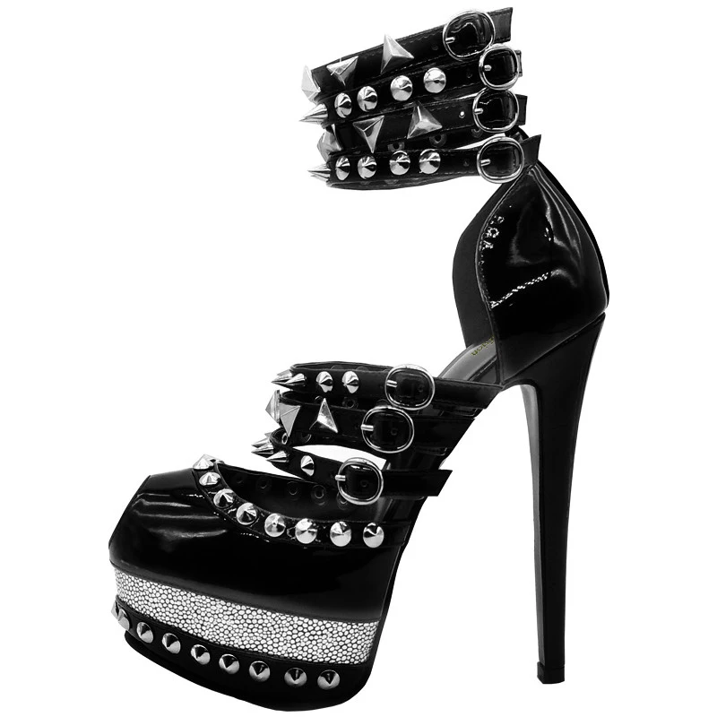Olomm/новые женские босоножки на платформе; пикантные босоножки на высоком каблуке, Заклепки Шпильки; черные вечерние туфли с открытым носком; женская обувь; большие размеры США 4-12