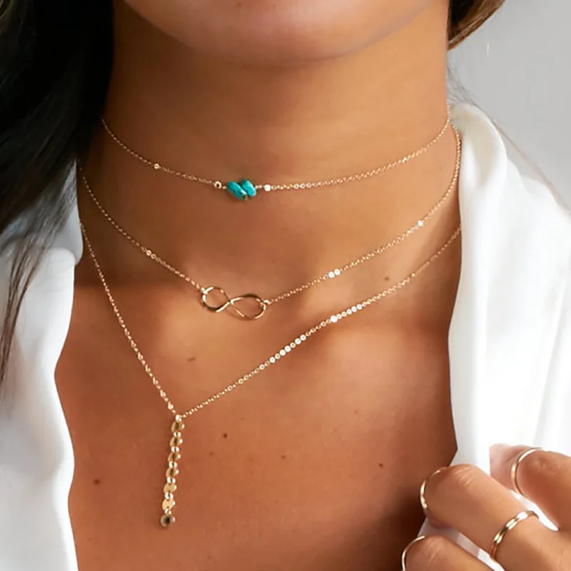

New Simple Fashion Gold Silver Long Chain Necklace Pendant Women Natural Stone Infinity Multilayer Choker Necklace Jewelry