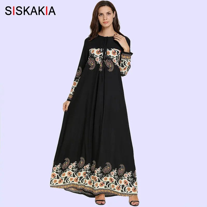 

Siskakia Vintage Ethnic Printing Long Dress Black Muslim Casual Dresses Spring Summer 2019 Round Neck Long Sleeve Plus Size 4XL