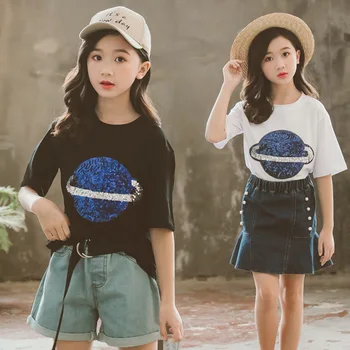 

Teens Girls Clothing Sets New Summer Girl Sequin T-shirt+denim Short Outfit Kids Girls Sport Suit Children Clothes CA925