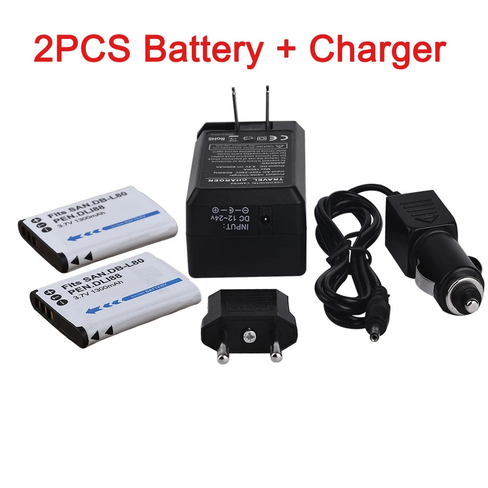 

1300mAh DB-L80 Battery + DB L80 Charger for Sanyo VPC-GH1 Optio P80 DB L80, DB-L80, DB-L80U, DB-L80AU Lithium Ion D-Li88