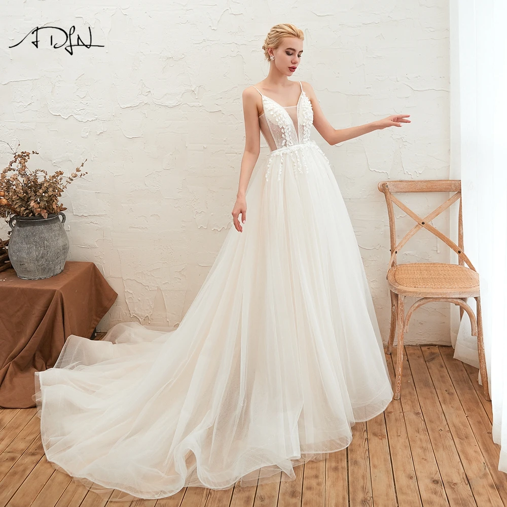 

ADLN Spaghetti Strap Boho Wedding Dresses 2019 Vestido Noiva Customized Simple White/Ivory Tulle Plus Size Casamento Bridal Gown