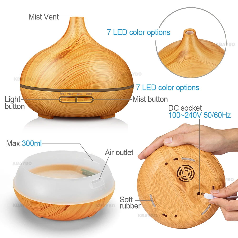 Günstig Ultraschall Luft HumidifierAroma Ätherisches Öl 300ml Diffusor mit Holzmaserung 7 Farbwechsel Led leuchten für Office Home