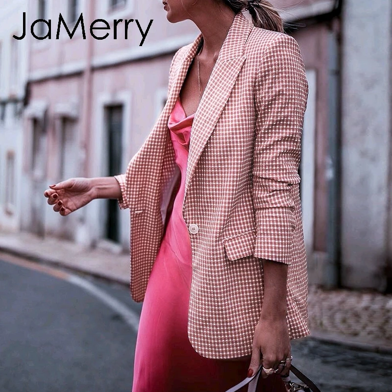 

JaMerry Pink plaid women blazer pockets single button Long sleeve female casual coats Office ladies outerwear chic work blazer