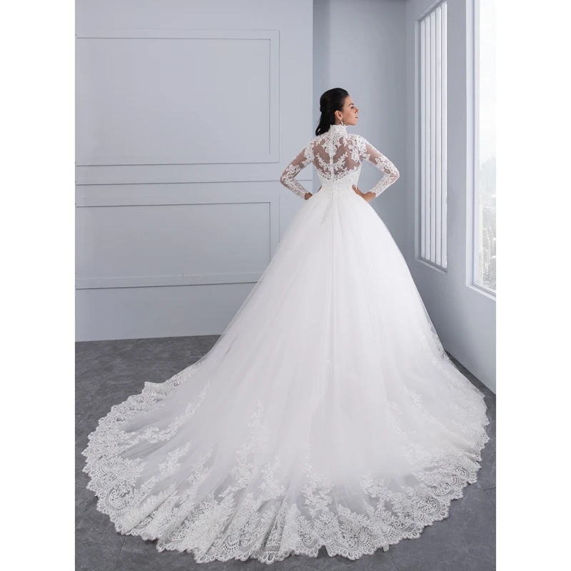 High Neck Iiiusion Back Long Sleeve Lace Ball Wedding Dress