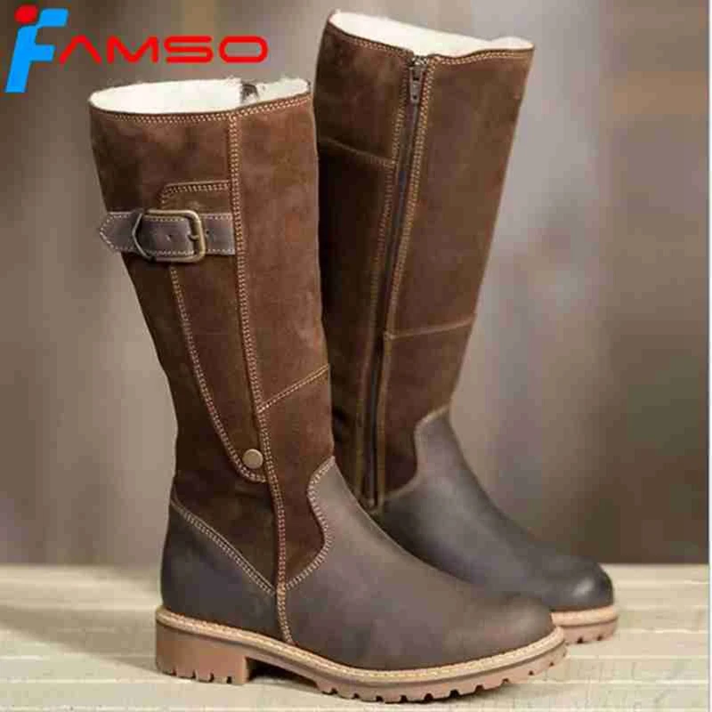 

FAMSO Size 34-43 2019 New Top Fashion Women Boots Black Brown Retro Style Autumn Knee High Boots Winter Waterproof Work Boots