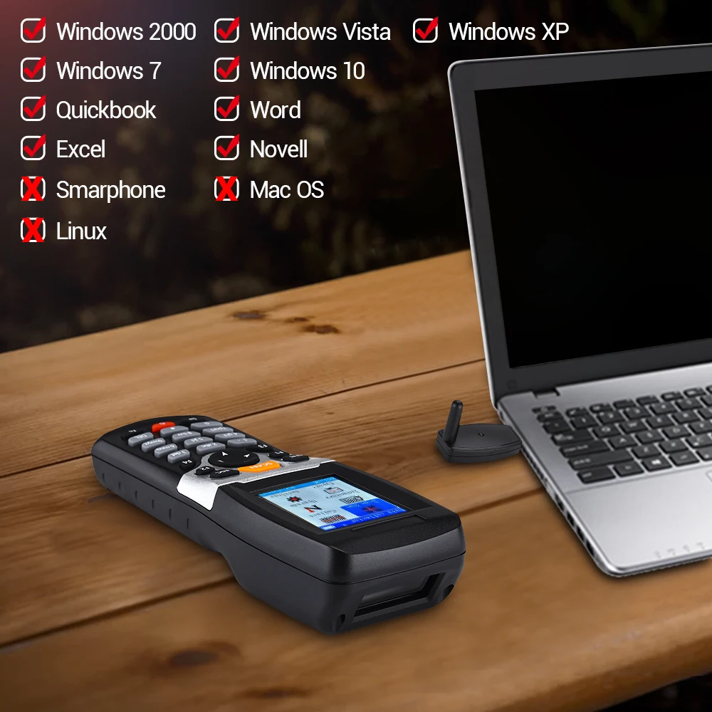اللاسلكية الباركود ماسحة جامع البيانات المحمولة محطة المخزون جهاز USB الباركود ماسحة 1D PDT مع TFT لون شاشة LCD