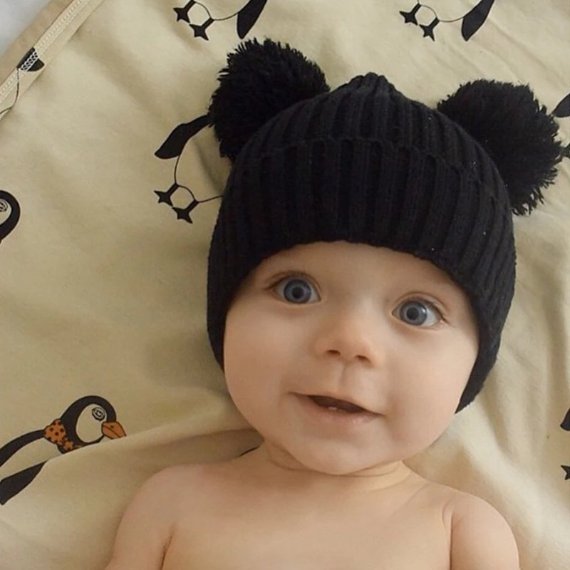 Dual Pom Poms Ball Knitted Baby Caps Boys Girls Toddler Crochet Beanie