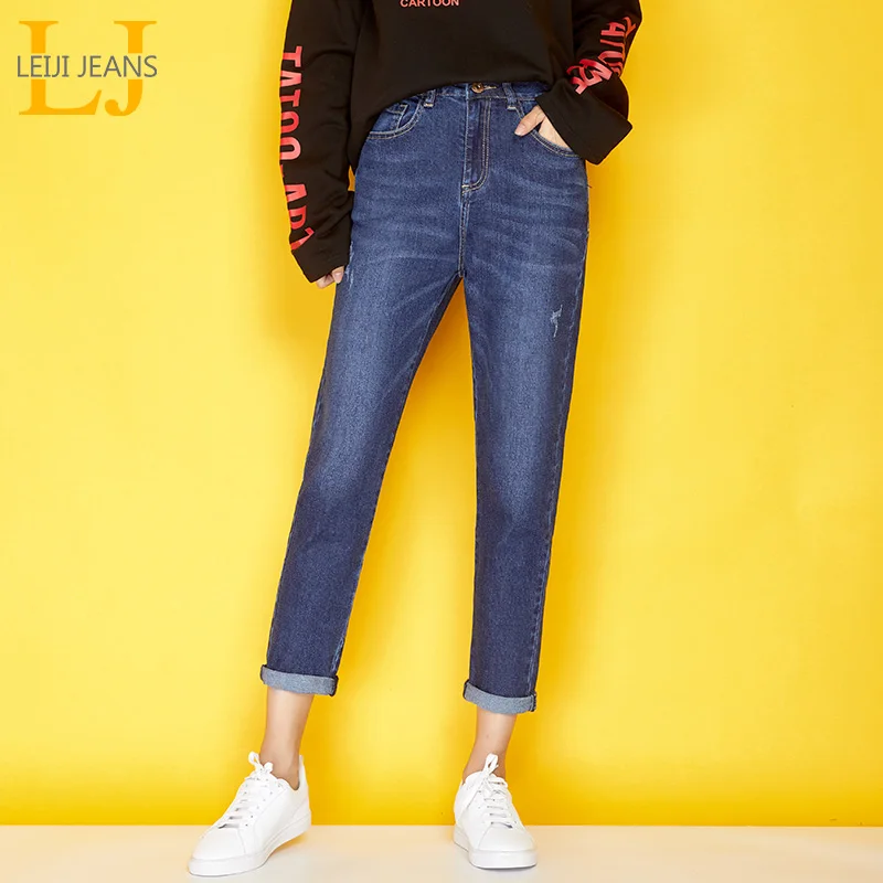 

LEIJIJEANS New Autumn Vintage Style Bleach Plus Size XL Cotton Jeans Mid Waist Denim Dark Blue Loose Harem Jeans For Women 7290